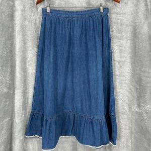 Vintage California Trends Denim Skirt 100% Cotton Ruffle Trim Midi VTG Size 13